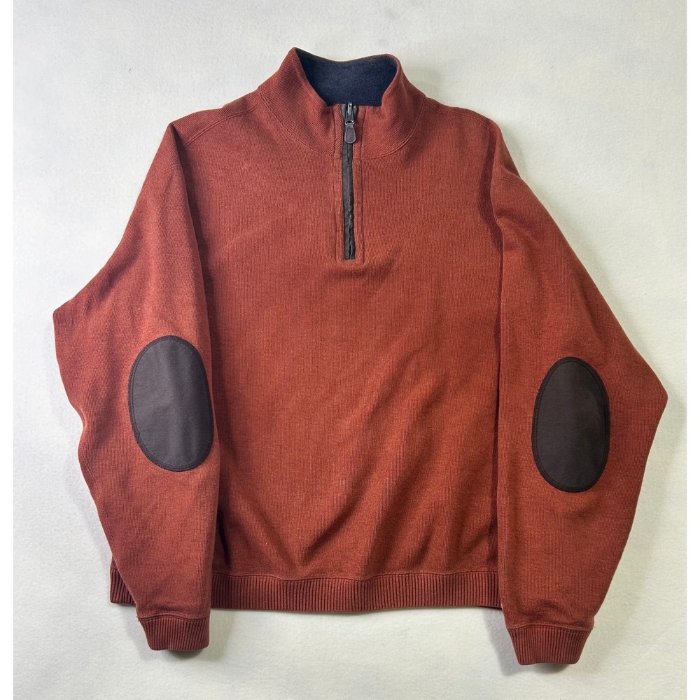 Cremieux Mens Quarter Zip Pullover Sweater Rust Orange Elbow Patches Ribbed Knit
